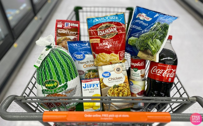 Thanksgiving Dinner Grocery Items in a Cart at Walmart