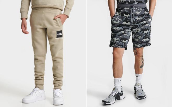 The North Face Kids Jogger Pants on the Left and The North Face Mens Print Shorts on the Right Side