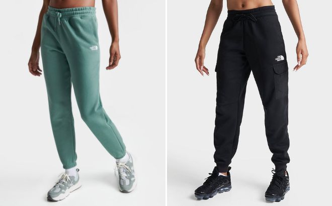 The North Face Womens Fleece Jogger Pants on the Left and The North Face Womens Cargo Jogger Pants on the Right Side