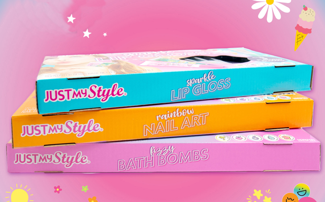 Three Boxes of Just My Style Kids 3 in 1 Spa Set in a Colorful Background
