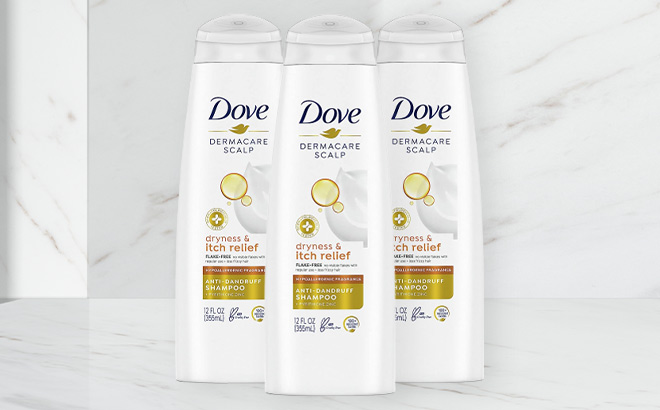 Three Dove DermaCare Anti Dandruff Shampoos in the Bathroom