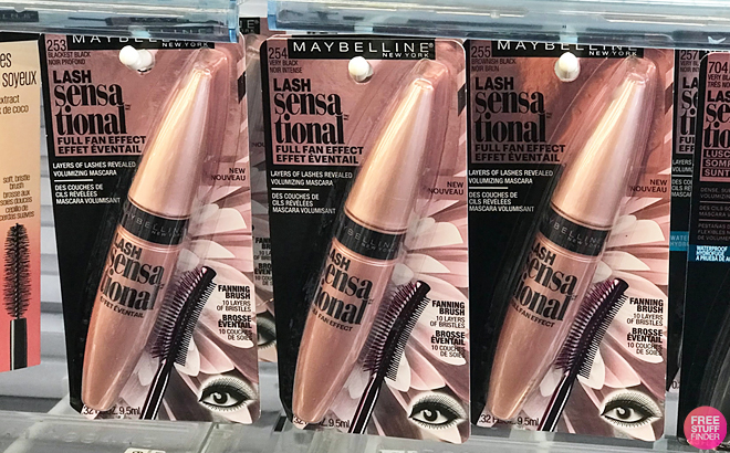 Three Maybelline Lash Sensational Mascaras on a Shelf
