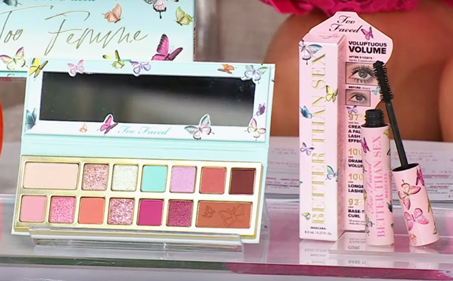 Too Faced Too Femme Eyeshadow Palette Better Than Sex Mascara Bundle on a Table