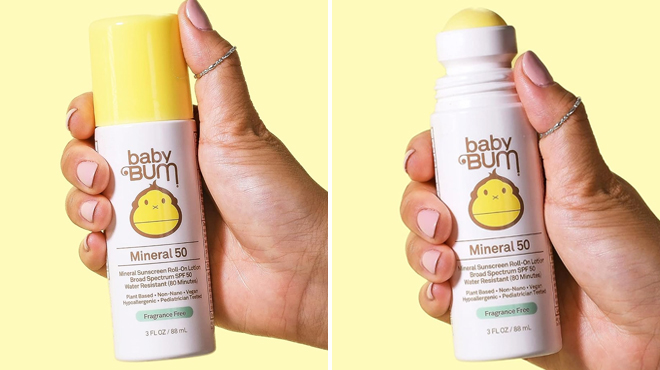 Two Images of a Hand Holding Baby Bum Mineral SPF 50 Roll On Sunscreen