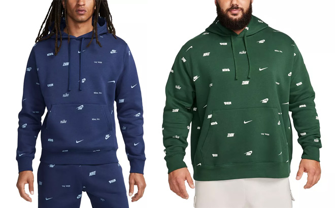Two People Wearing Nike Mens Fleece Allover Print Pullover Hoodies