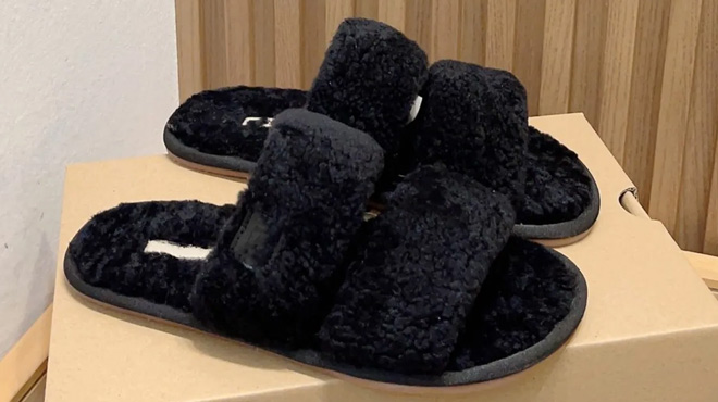 UGG Womens Maxi Curly Scuffetta Slippers on a Shoe Box