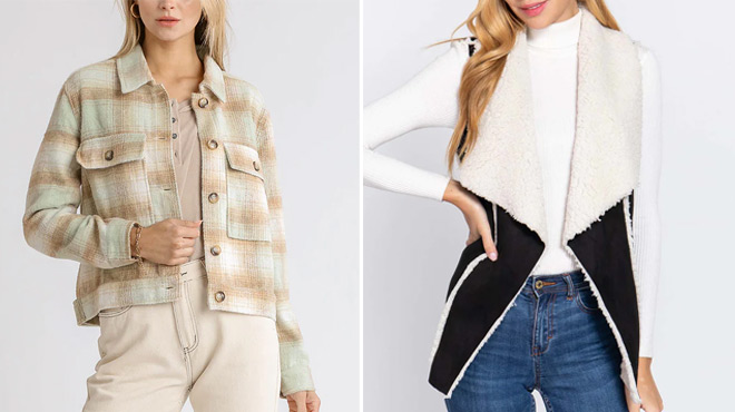 Umgee U S A Button Up Crop Jacket on the left and SBS Fashion Fleece Shawl Collar Vest on the right