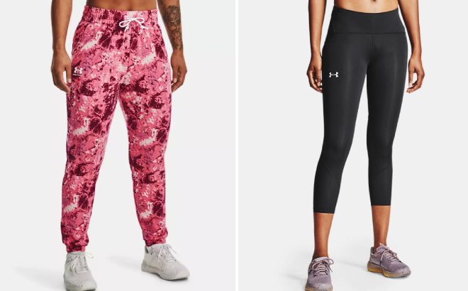 Under Armour Womens Rival Terry Printed Joggers and Crop Leggings