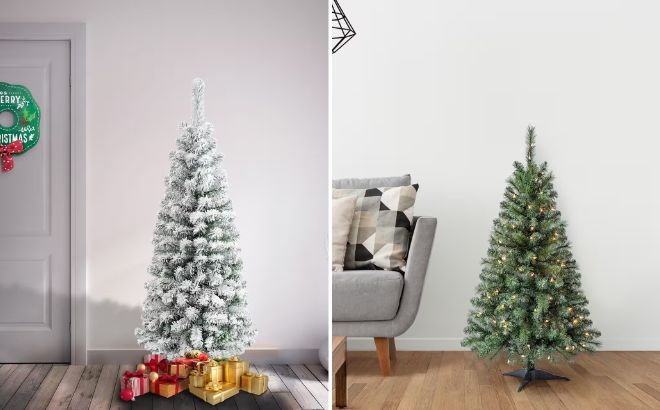 Unlit Acacia Pencil Slim Flocked Artificial Christmas Tree and Pre Lit Riverside Pine Artificial Christmas Tree