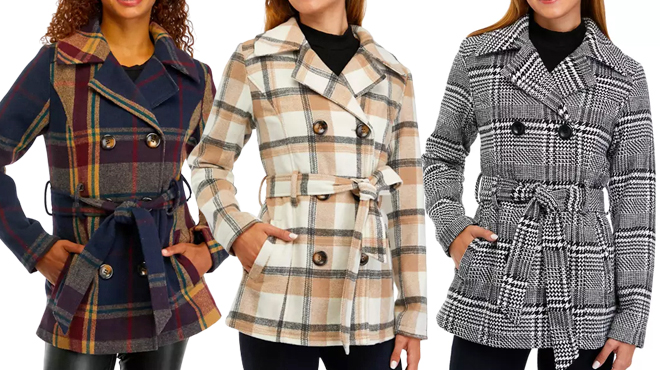 Vine Valley Juniors Plaid Peacoat with Belt in Three Colors