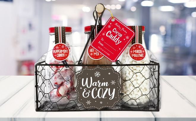 Warm Cozy Cocoa Caddy Gift Set on the Table