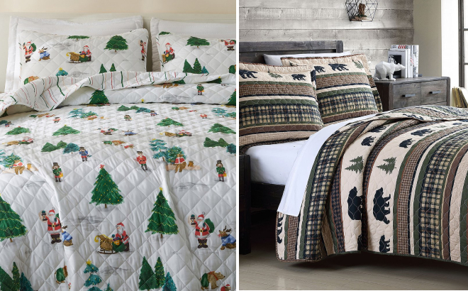 Watercolor Santa Reversible Quilt Set and Black Bear Holiday Oversize Stitched Quilt Set