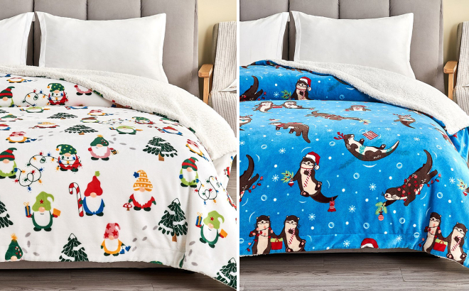 White Holiday Gnomes Sherpa Throw and Blue Otters in the Snow Sherpa Throw