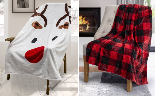 White Red Reindeer Ribbed Flannel Throw and Red Black Buffalo Check Ribbed Flannel Throw