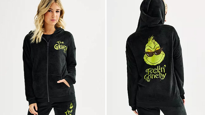 Woman Wearing Juniors Feelin Grinchy Graphic Zip Up Hoodie from Front and Back