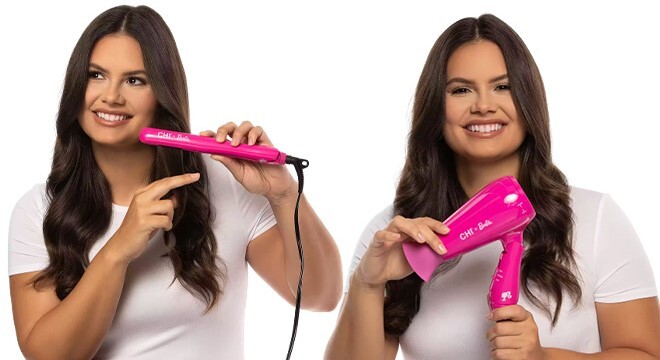 Woman is Holding CHI x Barbie Flat Iron and Hair Dryer