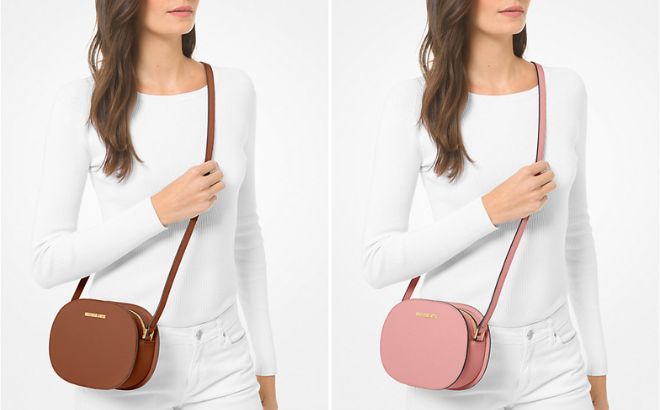 Woman is Wearing Michael Kors Jet Set Travel Medium Saffiano Leather Crossbody Bag Woman is Wearing Michael Kors Jet Set Travel Medium Saffiano Leather Crossbody Bag