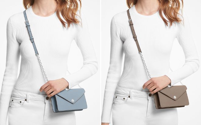 Woman is Wearing Michael Kors Small Saffiano Leather Envelope Crossbody Bag