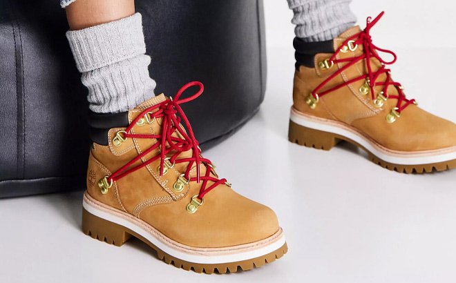 Woman is Wearing Timberland Wheat LTD Heritage Vibram LuxWP Leather Boots