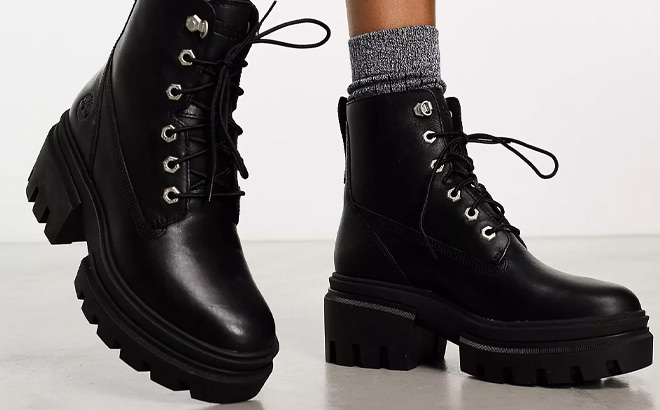 Woman is Wearing Timberland Womens Everleigh 6 Inch Lace Up Boot in Black Color