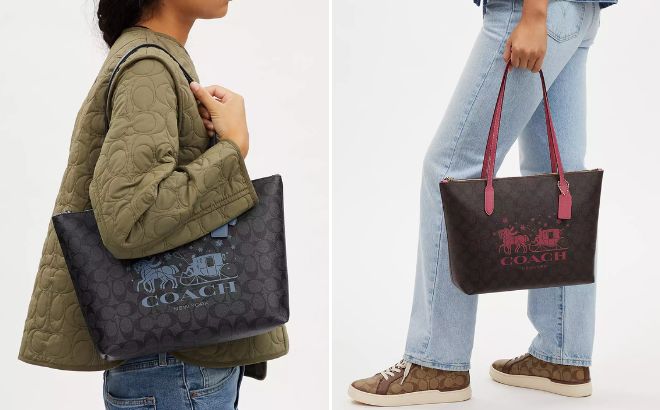 Women are Holding Zip Top Tote In Signature Canvas With Horse And Sleigh