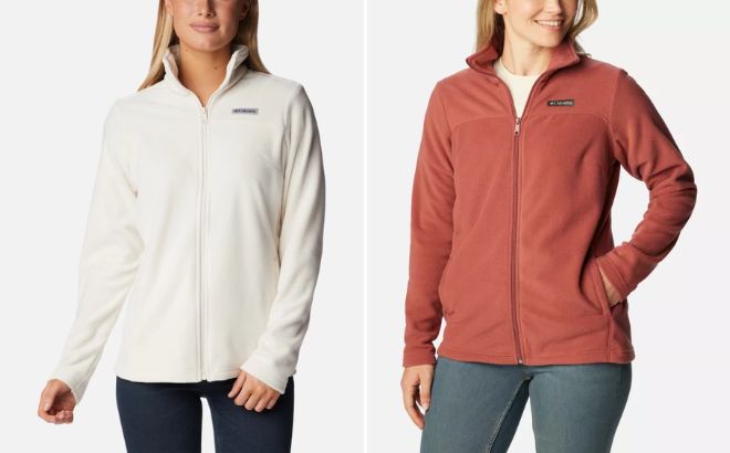Women are Wearing Columbia Womens Castle Dale Full Zip Fleece Jacket in Chalk and Beetroot Color
