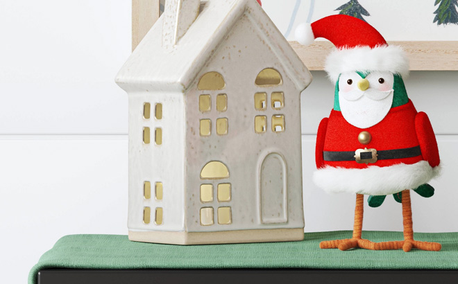 Wondershop Featherly Friends Fabric Bird Christmas Figurine Dressed as Santa Claus