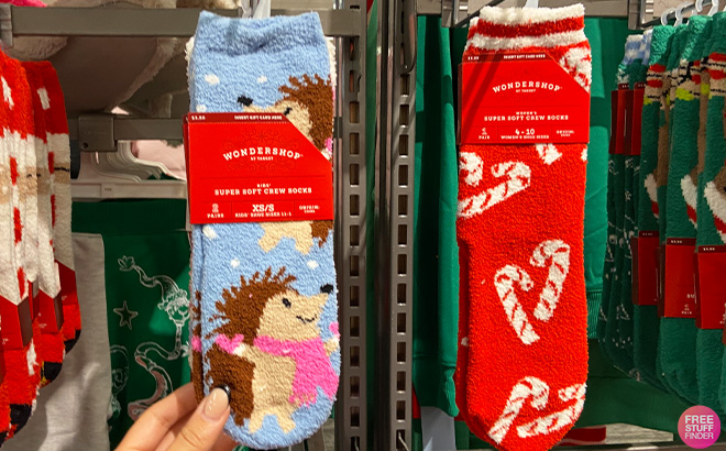 Wondershop Kids Hedgehog Crew Socks on the Left and Womens Candy Cane Socks on the Right