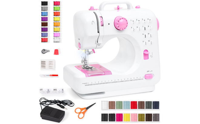 an Image of a Best Choice Products 6V Portable Sewing Machine 42 Piece Beginners Kit in Pink White Color