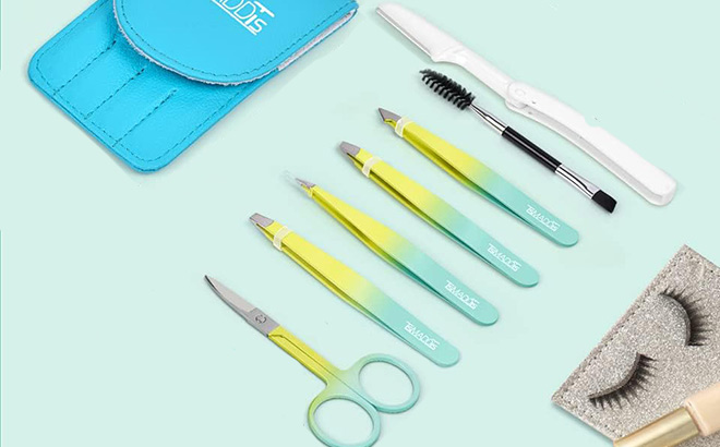 7 Pcs Tweezers Set for Women Precision Tweezer for Eyebrows with Curved Scissors and Eyebrow Razor for Ingrown Hair Green Yellow