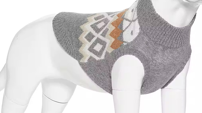 A Dog Mannequin Wearing North Pole Trading Co Family Matching Dog Sweater in Gray Fairisle