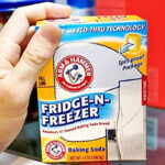 A Hand Holding an Arm Hammer Baking Soda Fridge n Freezer