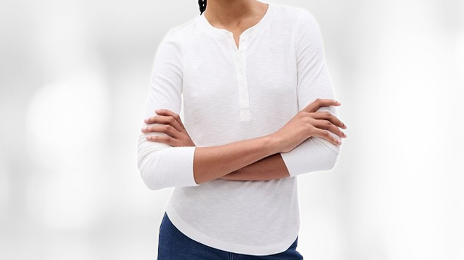 A Person Wearing GAP Essential Rib Henley T Shirt in White