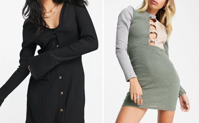 ASOS Design Textured Mini Shirt Swing Dress and High Neck Ribbed Mini Dress