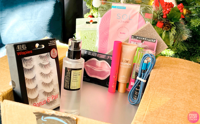 Amazon Delivery Box with Ardell False Eyelashes, COSRX Face Serum, and Other Products