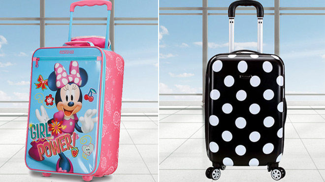 American Tourister Kids Disney Softside Upright Luggage on the left and Rockland Laguna Beach Hardside Spinner Wheel Luggage on the right American Tourister Kids Disney Softside Upright Luggage on the left and Rockland Laguna Beach Hardside Spinner Wheel Luggage on the right