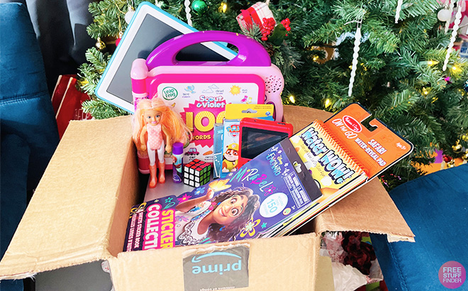 An Amazon Delivery Box Full of Stocking Stuffers for Kids
