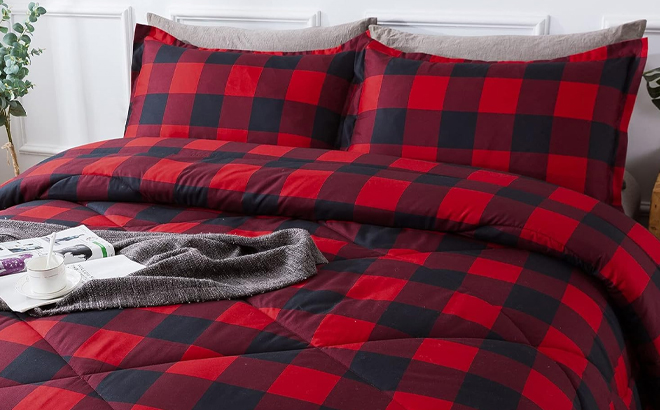 Andency Red Burgundy Black Checkered Comforter Twin Set