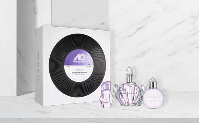 Ariana Grande R E M Eau de Parfum 3 Piece Gift Set on the Table