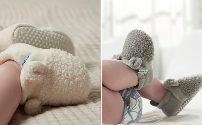 Baby Wearing Gerber Baby Neutral Sherpa Booties in Grey and Neutral