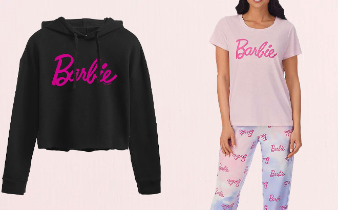 Barbie Pink Logo Cropped Hoodie in Black on Left and on Right Women Wearing Barbie Pajama Short Sleeve Tee and Pajama Jogger Set 1