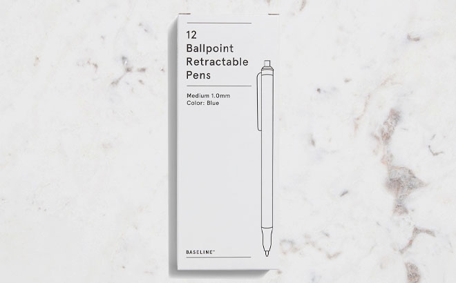Baseline Retractable Ballpoint Pens 12 Pack on a Marbled Table