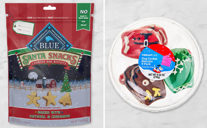 Blue Buffalo Santa Snacks Oatmeal Cinnamon Flavor Crunchy Biscuit Dog Treats and Vibrant Life Christmas Cookie Biscuit Dog Treats