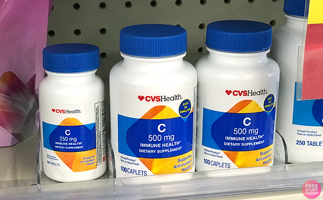 Bottles of CVS Health Vitamin C Tablets in shelf