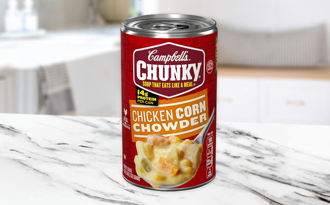 Campbells Chunky Soup Chicken Corn Chowder Soup on the Table