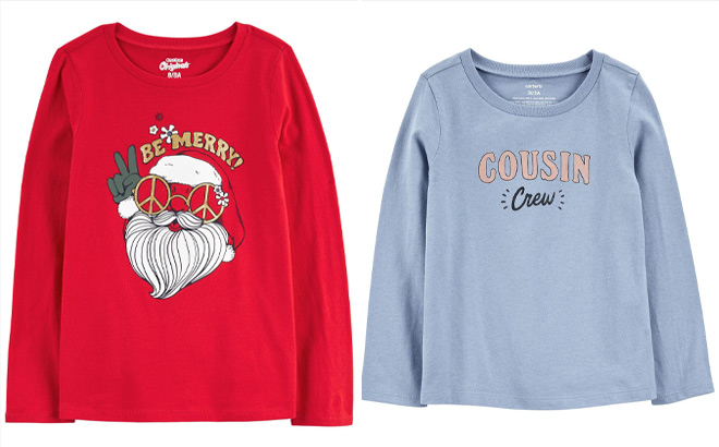 Carters Kid Be Merry Jersey Graphic Tee on Left and Kid Cousin Crew Graphic Tee in Blue