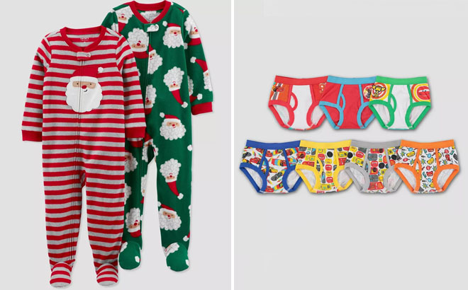 Carters Toddler Striped Santa Fleece Footed 2 Piece Pajama Set and Disney Toddler Boys Cars Underwear 7 Piece Set
