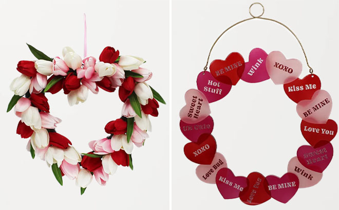 Celebrate Together Valentines Day Heart Shaped Tulip Wreath and Celebrate Together Valentines Day Conversation Heart Wreath