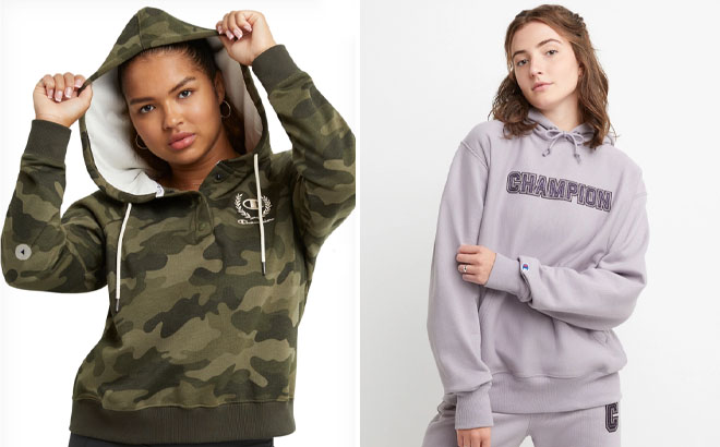 Champion Campus Fleece Camo Snap Hoodie and Champion Oversized Reverse Weave Hoodie