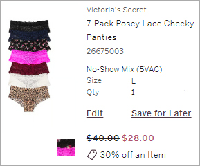 Victoria's Secret 30% Off One Item (7 Panties for $28!)